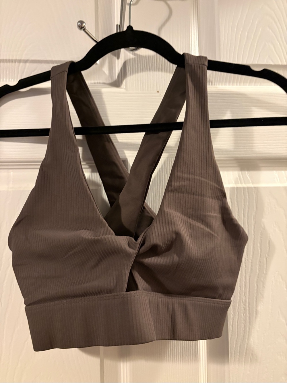 Fabletics Taupe Ribbed Twist-Front Sports Bra
